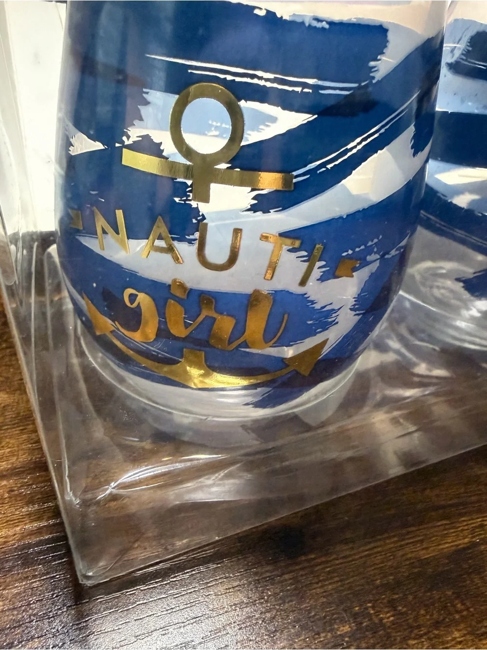 Slant Nautical Blue Anchor Stemless 20 oz Wine Glasses - Set of 2. NWT